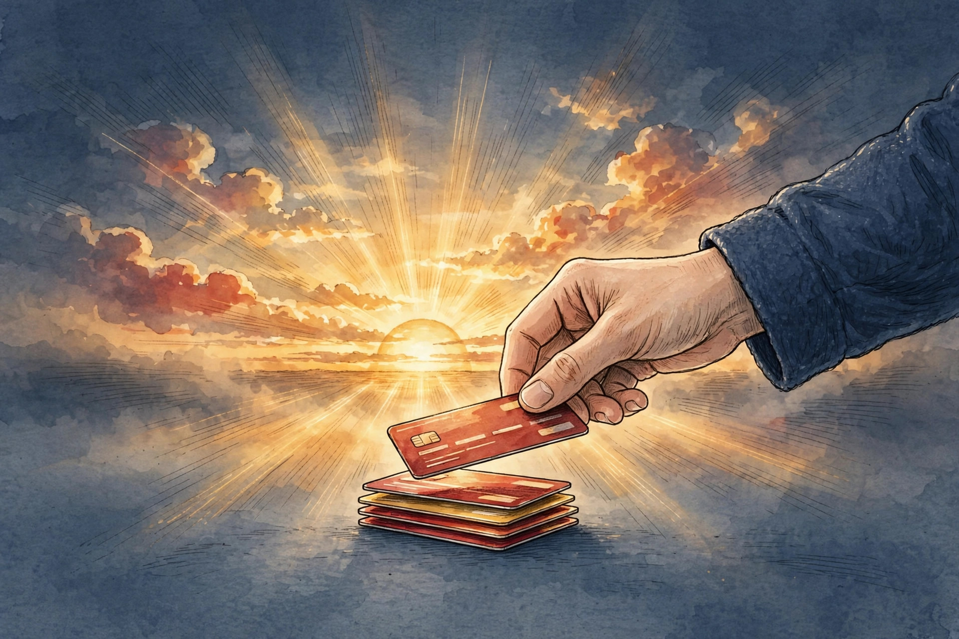 Mano poniendo la última tarjeta de crédito sobre una pila, con el sol saliendo: libertad de deudas